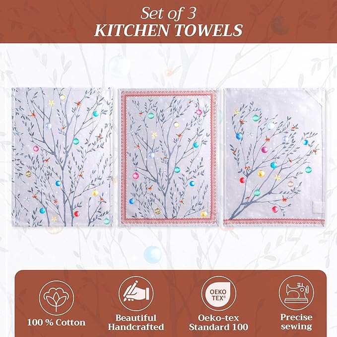 Maison d' Hermine Kitchen Towels Set of 3 100% Cotton 27.50" x 20" Reusable Cloth Tea Dish Towels Absorbent with Hanging Loop for Kitchen, Home, Dining, Cocktail Parties (Fairy Christmas)