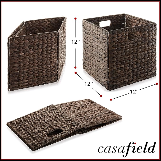 Casafield 12" x 12" Water Hyacinth Storage Baskets, Espresso - Set of 6 Collapsible Cube Organizers, Woven Bins for Bathroom, Bedroom, Laundry, Pantry, Shelves
