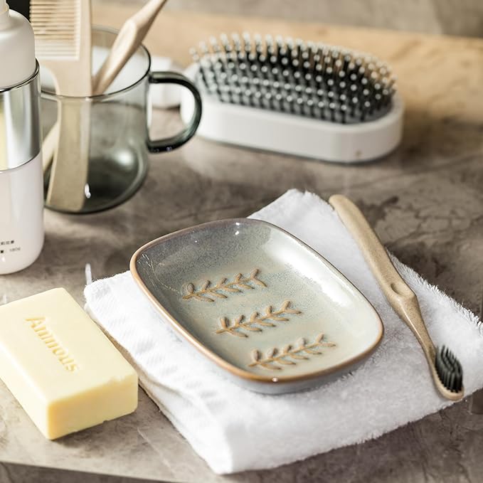 Ceramic Soap Dish Soap Holder, Soap Lift for Bar Soap Sponge, Shower Soap Dishes for Bathroom Kitchen Counter Soap Saver Tray Keep Dry, Dishwasher Safe