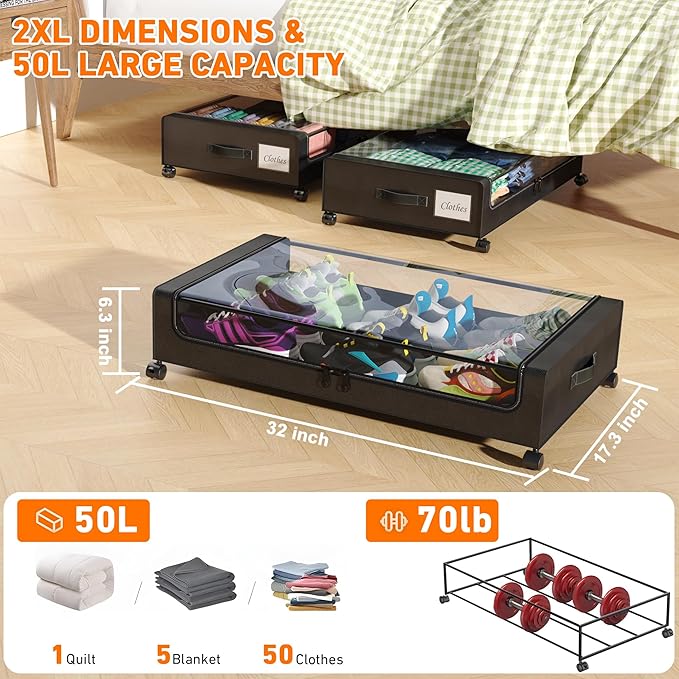 Under Bed Storage with Wheels, 2-Pack Under Bed Storage Containers with Clear Lids, XXL 60L Under the bed storage Organizer Bins, Rolling Under Bed Metal Drawer for Clothes,Shoes,Toys (Black, 2 Pack)