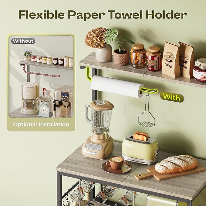 Huuger 4-Tier Bakers Rack with Reversible Power Outlet, 23.6 Inch Microwave Stand, Kitchen Bar, with Top Shelf, 6 S Hooks, Greige