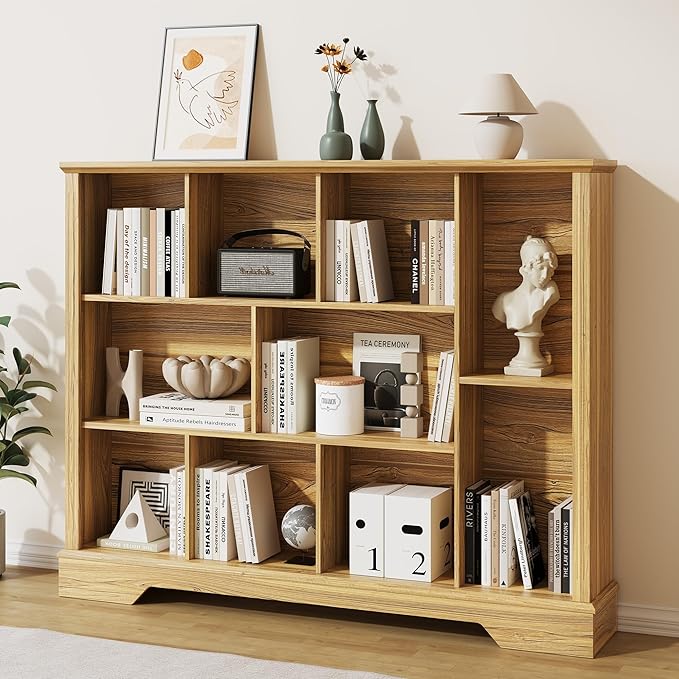 10-Cube Storage Bookcase, Modern 3-Tier Wooden Storage Organizer Open Bookshelf with Base for Living Room, Bedroom, Home Office