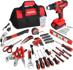FASTPRO 232-Piece 20V Cordless Lithium-ion Drill Driver & Home Tool Set, Household Repairing Tools Kit with Drill, 12-Inch Wide Mouth Storage Bag, Red