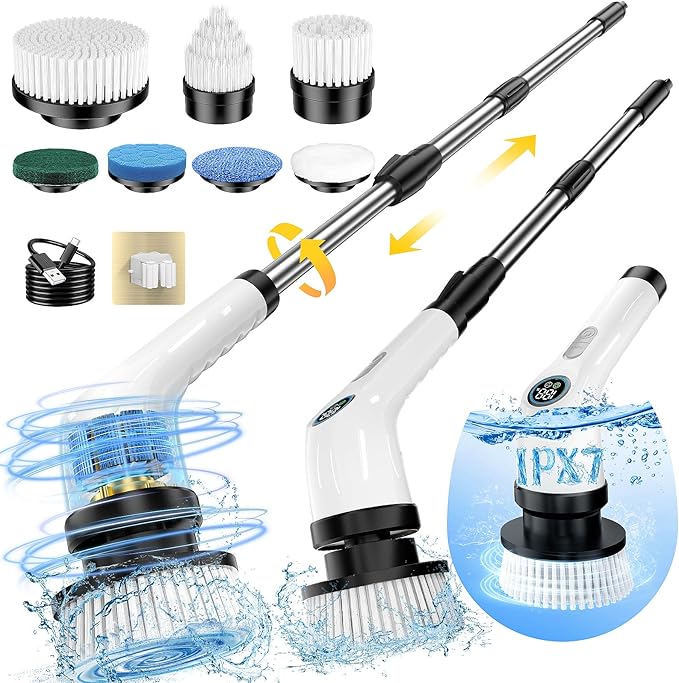 Electric Spin Scrubber Upgraded Battery with Extra-Long Runtime, IPX7 Waterproof Power Cleaner with 7 Brush Heads, 2 Speeds Adjustable Long Handle for Bathroom, Floor, Shower, Tile & Kitchen Cleaning