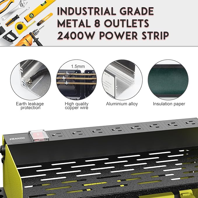 Power Tool Organizer with Charging Station, 4 Layers Drill Holder Wall Mount,Metal Garage Rack with 10A Power Strip,Tool Shelves with Hooks,Drill Bit Storage, for Men Dad (Green&Black)