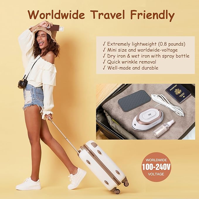 Newbealer Travel Iron with Dual Voltage - 120V/220V Lightweight Dry Iron for Clothes (No Steam), Non-Stick Ceramic Soleplate, 302℉ Heat Press Machine, w/Spray Bottle, Pouch & Silicone Stand (White)