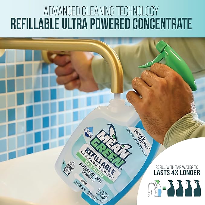 Mean Green Refillable Ultra Powered CONCENTRATE Glass Cleaner, Fresh, 14.3 Ounce, 6 Pack
