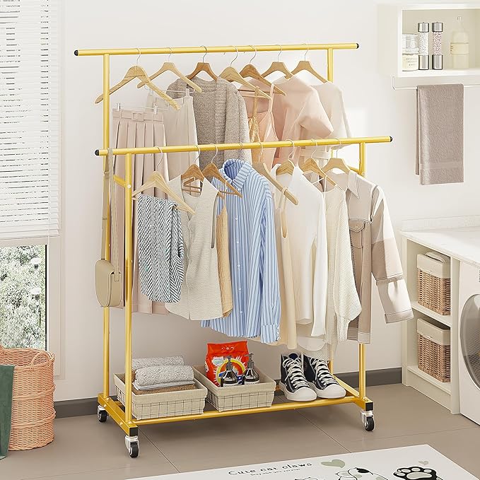 Calmootey Double Rod Clothing Garment Rack,Rolling Hanging Clothes Rack,Portable Clothes Organizer for Bedroom,Living Room,Clothing Store,Gold