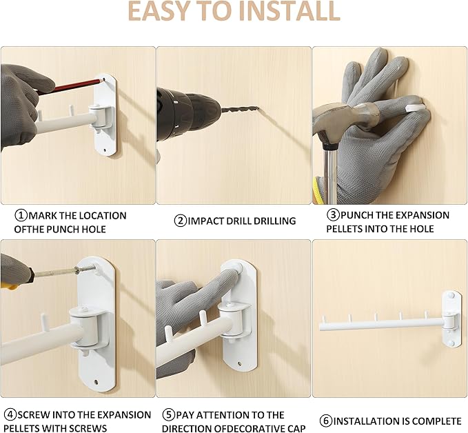 Swing Clothes Hanger Rack,Garment Racks Wall Mounted Clothes Bar-Hanger Holder Hooks Heavy Duty Folding Drying Rack Space Saving Clothing Hanging System Closet Storage Organizer,White Finish