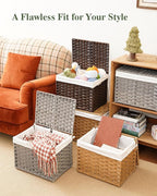 Storage Basket with Lid Woven Wicker Baskets with 2 Separate Lid, 9.2 Gallon (35 L) Wicker Storage Bins with Handles, Foldable and 2 Removable Liner Bags for Bedroom, Laundry Room Brown
