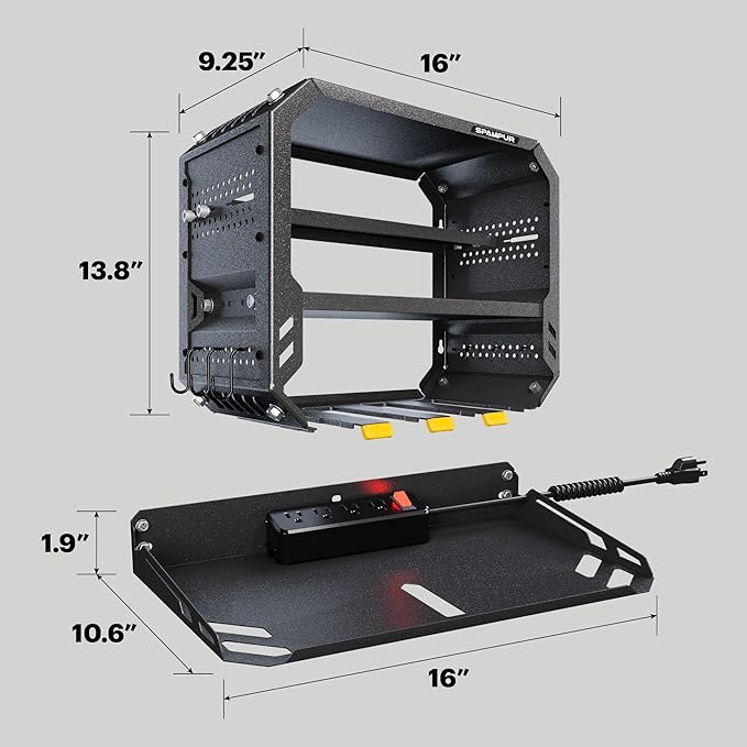 Power Tool Organizer Wall Mount with 4 Power Outlets & Charging Station &420lbs Capacity, Tool Battery storage, Metal Heavy Duty Wall Mounted Drill Holder for Garage Workshop, Men Gifts