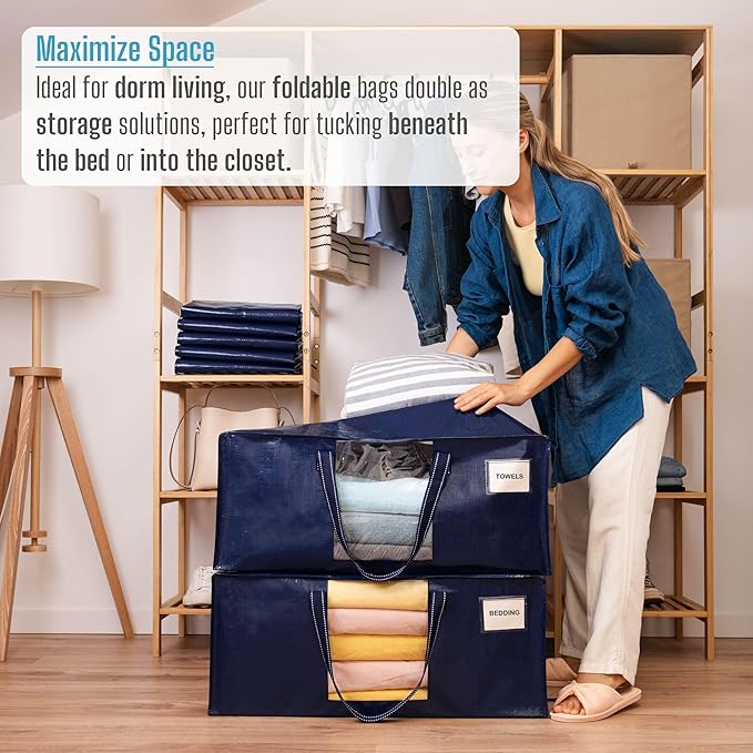 VENO 2 Pack Moving Bags Extra Large Storage Bags for College Move-In, Heavy-Duty Storage Totes, Packing Boxes, and Wardrobe Moving Supplies - Durable Laundry Bags for Clothes (Blue w/Window, 2 Pack)