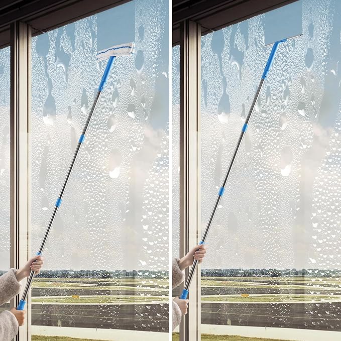 Window Cleaner with Long Handle(57IN), Glass Cleaning Tools with Silicone Squeegee & Microfiber Scrubber, Window Cleaning Kit for Shower Glass Mirror Door Car