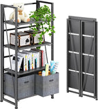 4NM No-Assembly Folding Bookshelf Storage Shelves 4 Tiers Vintage Bookcase Standing Racks Study Organizer Home Office (All Black)