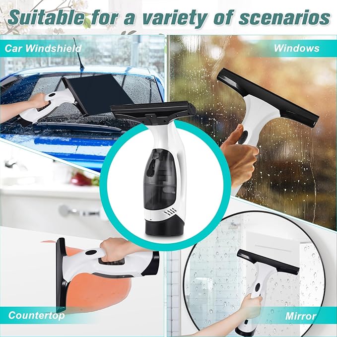 Window Vacuum Squeegee Cordless, Rechargeable Window Vac with Spray/Squeegee/Vacuum, Electric Cleaning Tool for Windows, Tiles, Mirror, Countertop, Car Windshield, Glass, Shower Wall