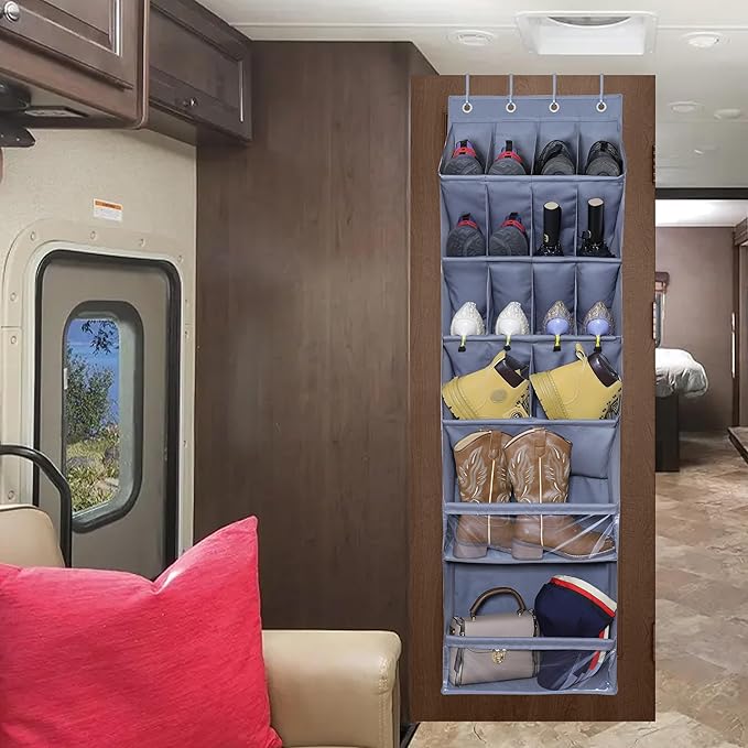 Over The Door Shoe Organizer, Hanging Shoe Rack with 16 Deep Pockets, Wall Shoe Storage for Closet and Narrow Door, RV Storage and Organization, Grey