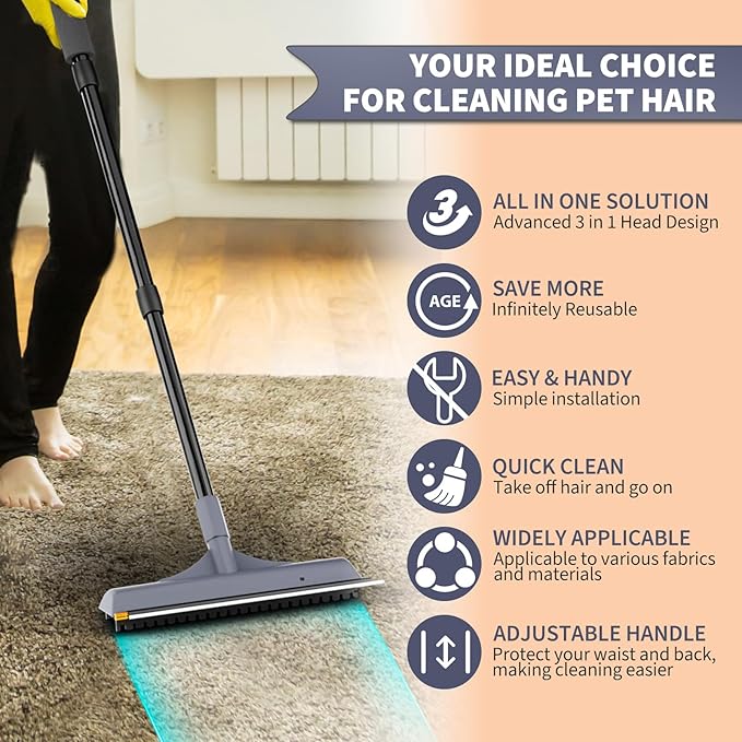 Carpet Rake for Pet Hair Removal - 3 in 1 Pet Hair Remover Tool with 58" Adjustable Long Handle,Reusable Dog & Cat Carpet Scraper,Pet Hair Remover for Rugs,Mats,Couch,Curtains(Gray)