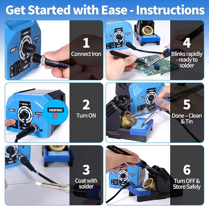 YIHUA 936A II Soldering Iron Station Kit, 65W with Intelligent Working Light. Easily Adjustable from 392℉～896℉. With Plug-in Iron Handle, a Solder Iron Stand, Solder Wire & 5 extra Solder Tips.