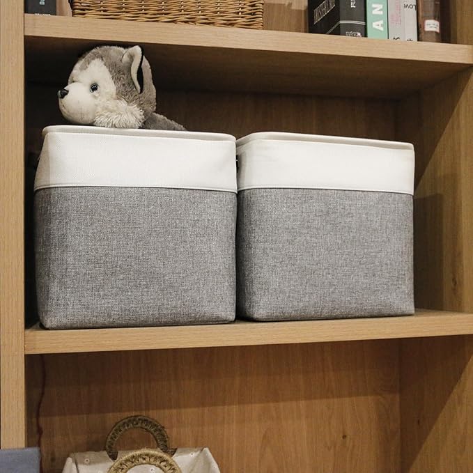 Collapsible Fabric Storage Cubes 11x11 Cube Storage Bins, 4 Pack Closet Baskets Box with Handles for Organizing, Shelf, Toys, Clothes, Home, Office, Nursery (Grey&White)