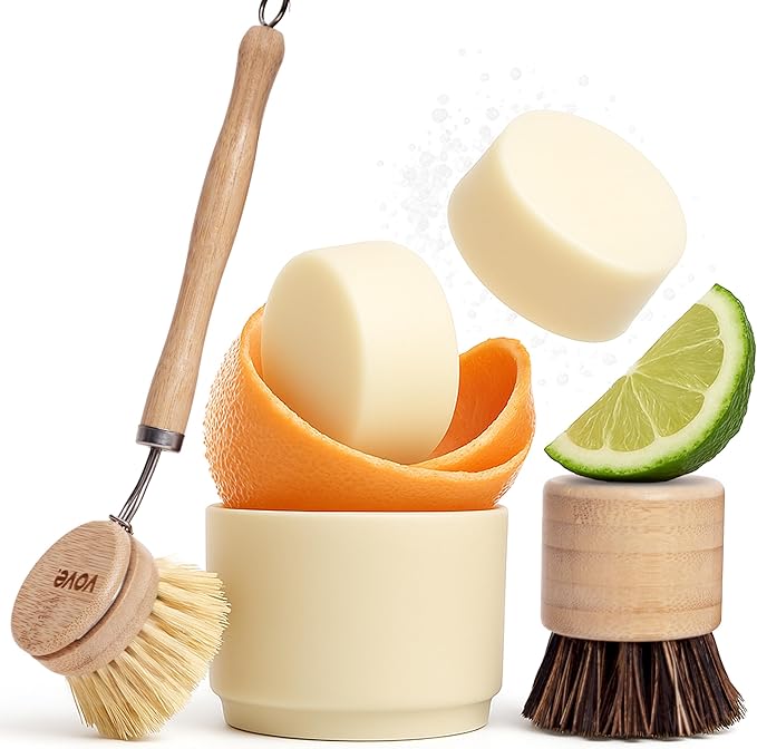 Vove Dish Soap Bundle, 2 Bars, 2 Bamboo & Sisal Scrub Brushes, 1 Ceramic Cup - Plant-Based Coconut Oil Soap with Citrus Essential Oils, FSC-Certified Bamboo, Plastic-Free, Zero-Waste Cleaning Set