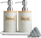Kitchen Soap Dispenser Set, Ceramic Hand and Dish Soap Dispenser Set with Tray Collapsible Funnel, Hand Soap and Lotion Dispenser for Bathroom, White Bathroom Accessories