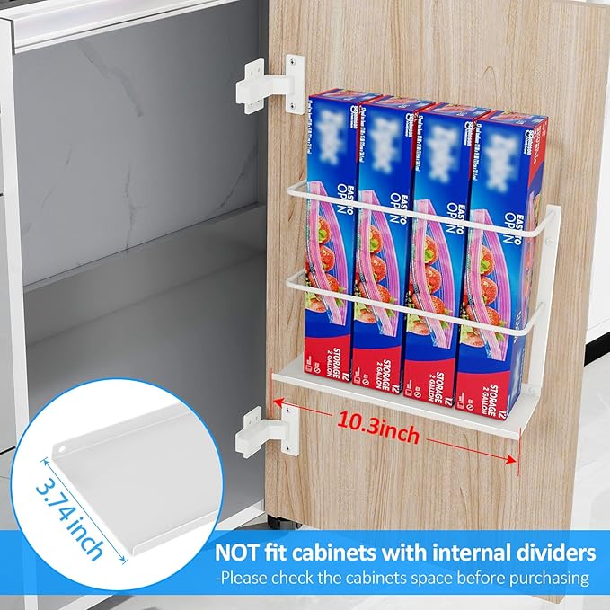 White Kitchen Wrap Organizer Door Mount, Aluminum Foil Holder Cabinet Door Organizer Cabinet Storage Basket for Kitchen Wrap/Food Bag Storage