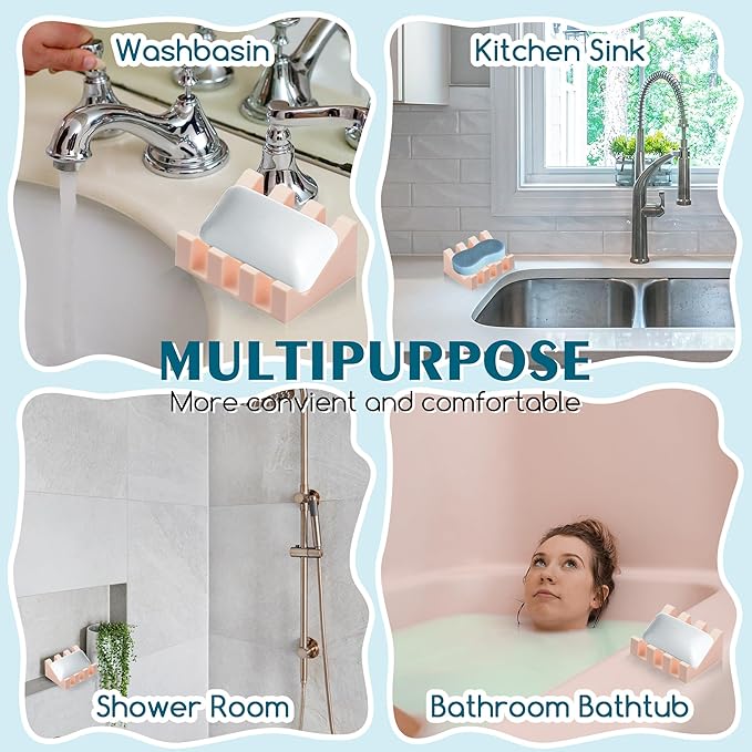 Silicone Soap Dish with Drain, Upgrade Double Suction Cups at The Bottom for Anti-Slip and Stability, Soap Dish Shower Waterfall Bar Soap Holder Tray with Drain Soap Holder (3, Pink)