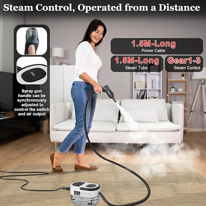 Steam Cleaner for Home, 15s Heat-Up, 1.6L Water Tank, 3-Level Adjustable Handle, Handheld Steam Cleaner for Car Detailing, Dirt, Furniture, Couch, Floor Tile, Bathroom, Bed Bugs, 12Pcs Accessories