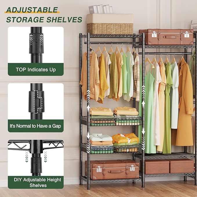 LEHOM G8 Wire Garment Rack, Heavy Duty Clothes Rack with 2 Storage Baskets, Adjustable Compact Clothing Rack for Hanging Clothes, Free Standing Closet Wardrobe for Bedroom,68.5"L x15.7"Wx70.8"H,Black