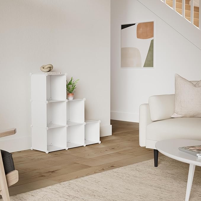 C&AHOME 6-Cube Storage Organizer, Stackable Storage Cubes Shelves, Portable Bookshelf, Plastic Clothing Storage Closet Organizer, DIY Modular Shelving Units for Wardrobe, Home, Milky