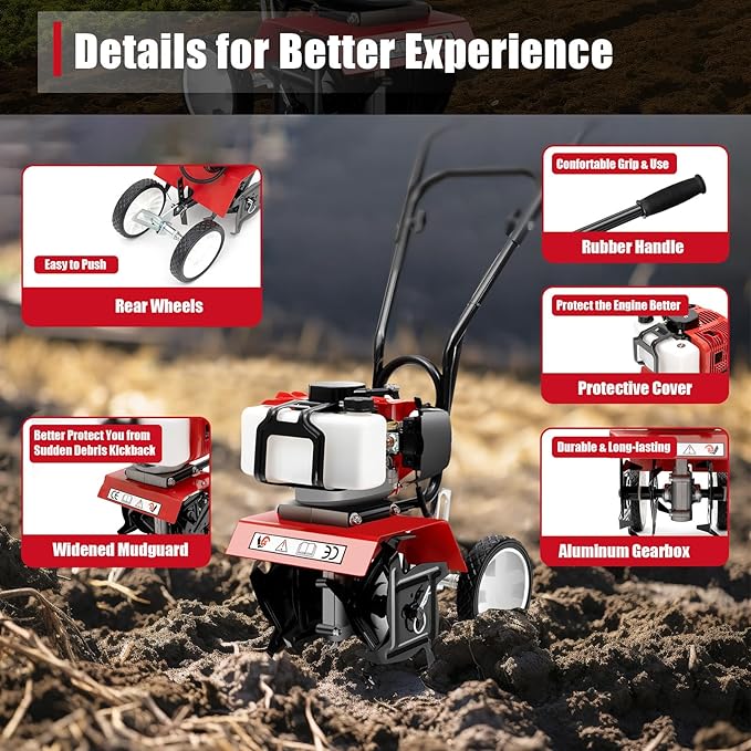 52CC Gas Powered Tiller Cultivator 2-Stroke Garden Cultivator Single-Cylinder Hand Rotary Cultivator Rototiller Garden Tool with Air-Cooling for Garden and Field Soil Cultivation 7000r/min
