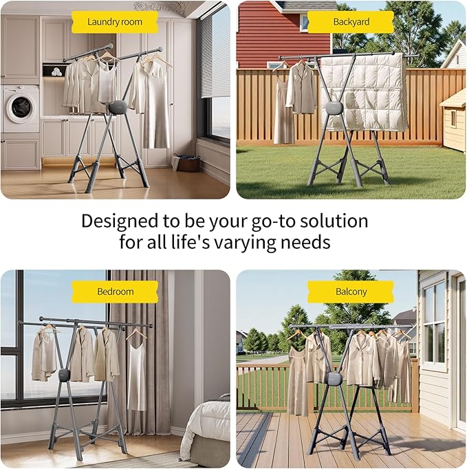 BIREN Clothes Drying Rack Heavy Duty Clothing Racks Extending Laundry Rack Two Drying Modes Garment Racks for Drying Clothes, Adjustable Length from 32-55 Inches for Indoor Outdoor Use