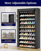 Kitsure Shoe Rack - 10-Tier Shoe Organizer with Zippered Dust Cover & Side Pockets, Easy to Assemble, Space Saving Shoe Rack for Closet, Entryway, Living Room, 33" x 12.4" x 69.3", Black