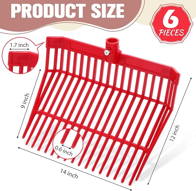 Lasnten 6 Pcs Manure Fork Replacement Head, 18 Tines Pitchfork Head with Screws and Nuts, Horse Manure Rake for Picking up Grass and Hay(Red)