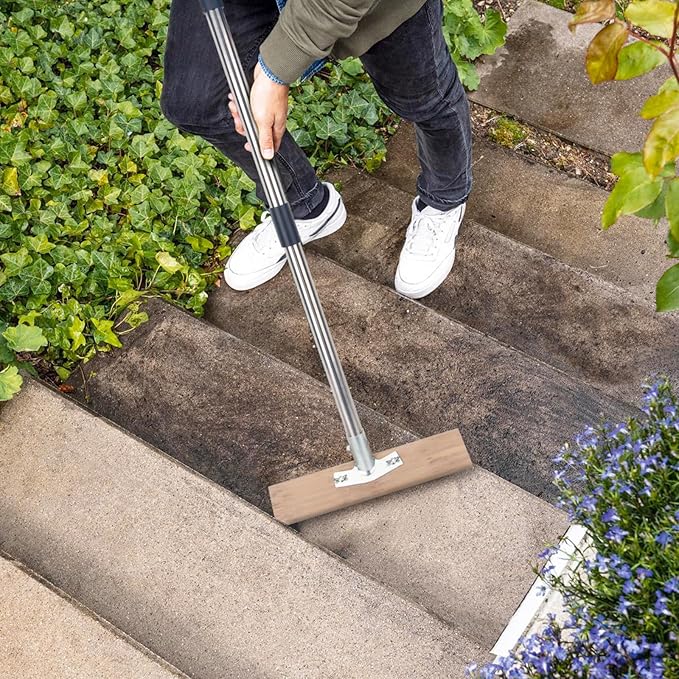 Stainless Steel Wire Scrub Brush with Long Handle for Deck, Concrete, Patio Floor Cleaning, 59'' Heavy Duty Stiff Metal Bristle Scrubber Broom for Outdoor Moss Removal