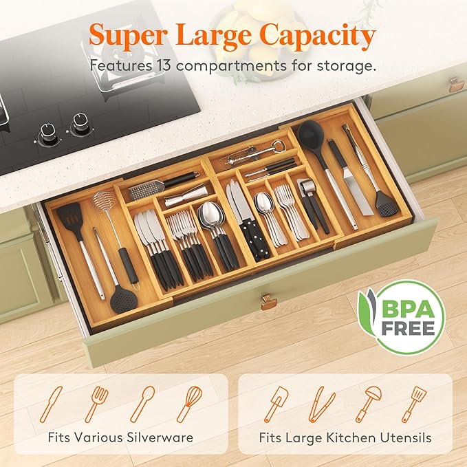 Lifewit Large Silverware Drawer Organizer, Expandable 21.4 to 36 Inches Wide, Bamboo Utensil Tray for Kitchen, Adjustable Flatware and Cutlery Holder for Spoons Forks Knives, 13 Compartments, Natural