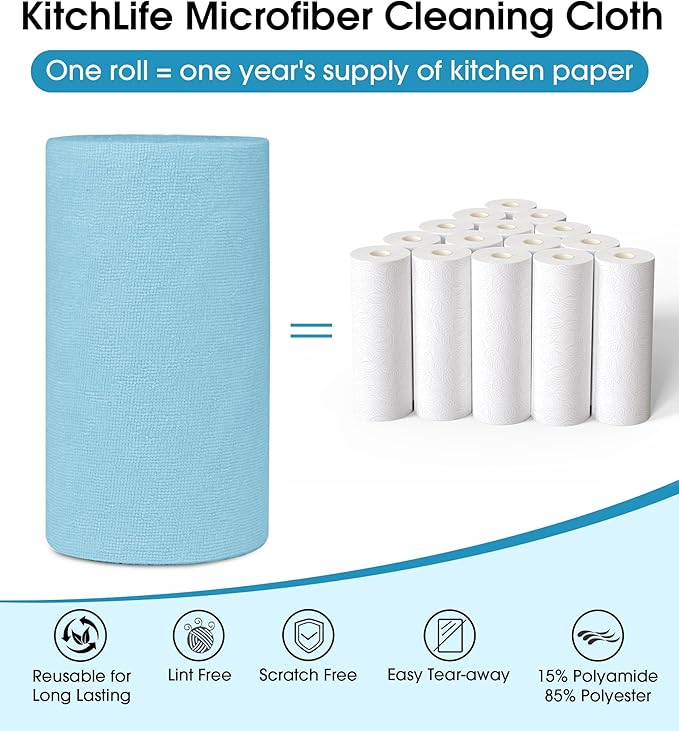 KitchLife Microfiber Cleaning Cloth Roll, 100 Pack - Tear-Away Microfiber Paper Towels, Lint-Free, Reusable, Washable for Kitchen, Car, Dishes, and Sensitive Surfaces (Blue)