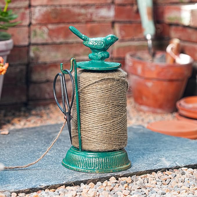 Sungmor Cast Iron Garden Twine Holder Set - 1300ft. Natural Jute Twine String & Rope Rack & Scissors - Decorative & Practical Home Arts Crafts Tools for Picture Display Gift Wrapping Packing Gardening