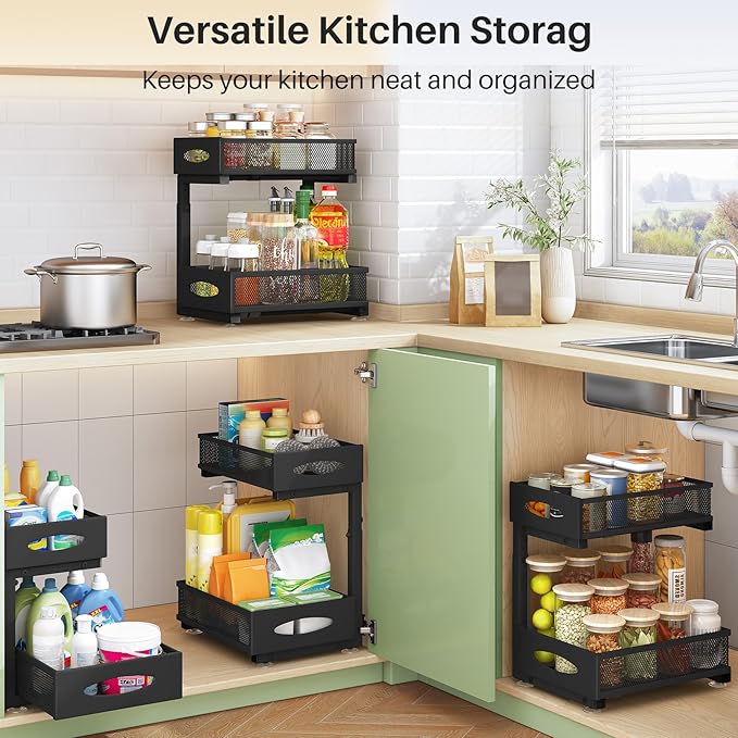 Under Sink Organizer, 2 Tier Pull out Cabinet Organizer Baskets with Mesh Sliding Drawers, Slide out Storage Shelf for Home, Kitchen, Bathroom, Pantry, Office Cabinet, Countertop(1 Pack)