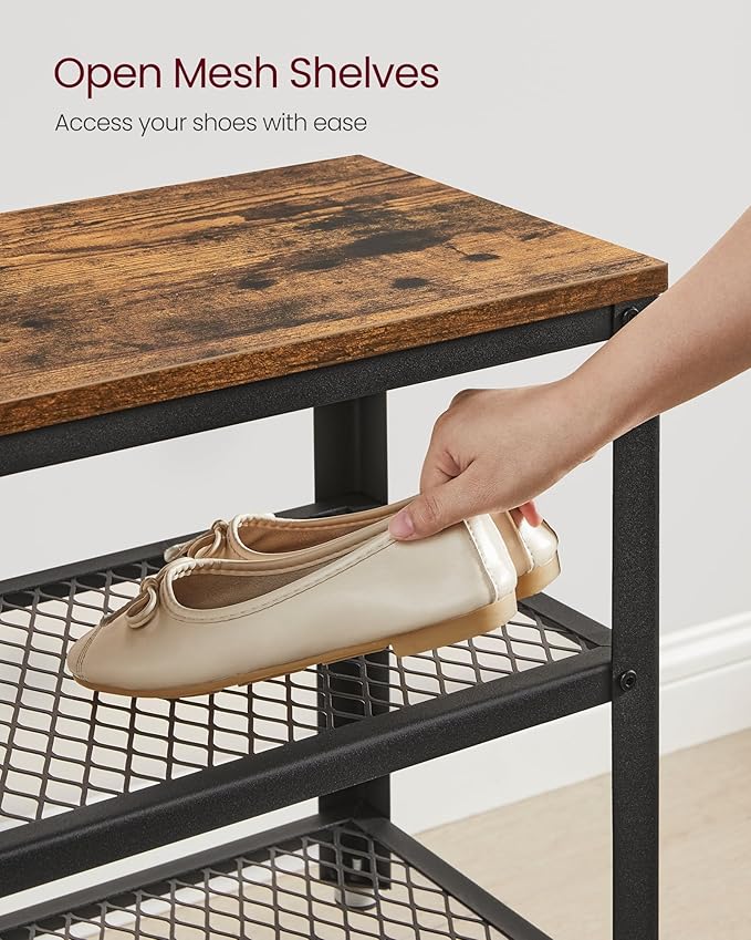 VASAGLE, 3-Tier Shoe Rack, Shelf Storage Bench with Metal Mesh Shelves and Seat, Free Standing Shoe Organizer for Entryway, 11.8 x 28.7 x 17.7 Inches, Rustic Brown and Black ULBS73X