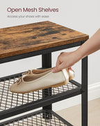 VASAGLE, 3-Tier Shoe Rack, Shelf Storage Bench with Metal Mesh Shelves and Seat, Free Standing Shoe Organizer for Entryway, 11.8 x 28.7 x 17.7 Inches, Rustic Brown and Black ULBS73X