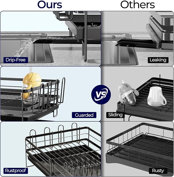 Large Dish Drying Rack, Expandable Dish Rack for Kitchen Counter, Upgraded Dish Drainer with Drainboard Set, Multifunctional Dishrack with Utensil Holder & Cup Holder, 13.4"-28.7" L x 11.8" W