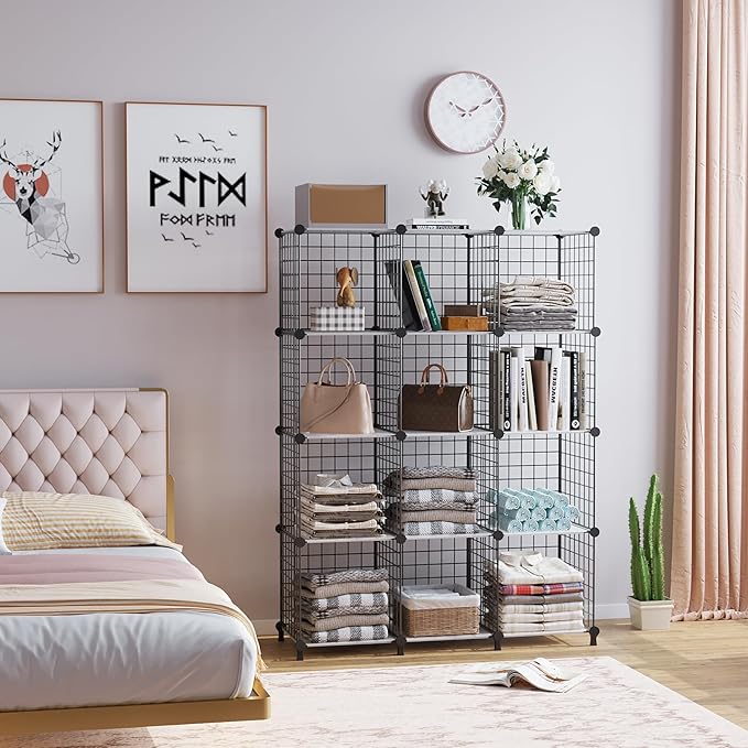 AWTATOS 12 Cube Storage Wire Closet Organizers DIY Stackable Storage Shelves Bookcase Cabinet for Home Office, Black