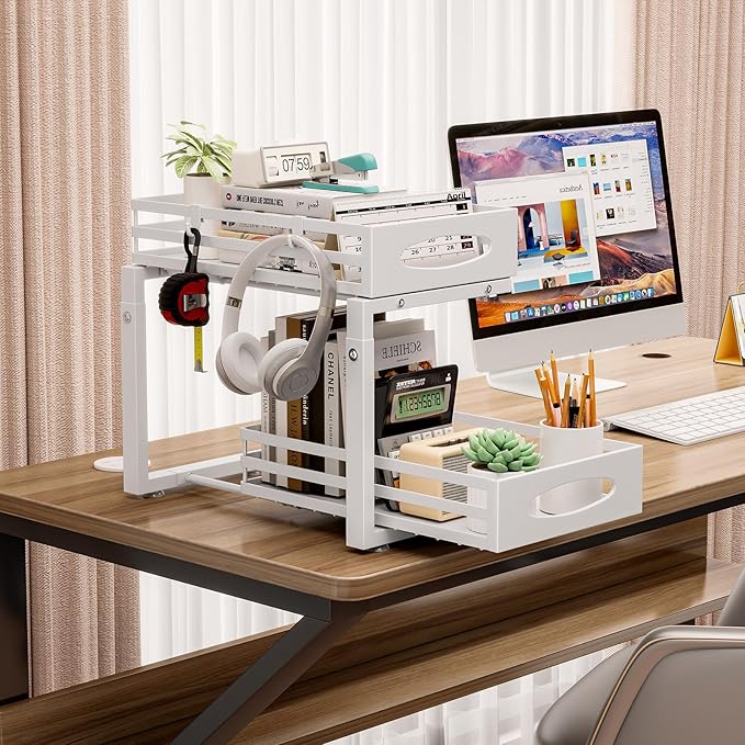 Under Sink Organizer, 2 Tier Under Sink Organizers and Storage, Adjustable Height, Slide Out Metal Cabinet Organizers, Pull Out Cabinet Storage Drawer Shelf for Kitchen Bathroom White, 1 Pack