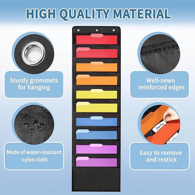 Annecy 30 Pockets Classroom Mailbox, Hanging Wall File Organizer, Black Storage Pocket Chart for Folder and Paper, Space Saver, Come with Wall Hangers, Over The Door Hooks, Labels