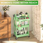 Goovilla 3 Tier Rolling Utility Cart Organizer with Removable Drawer, Stable and Sturdy Green Rolling Storage Carts with 2 Lockable Wheels for Bathroom, Kitchen, Snack, Craft, Makeup, Baby Essentials