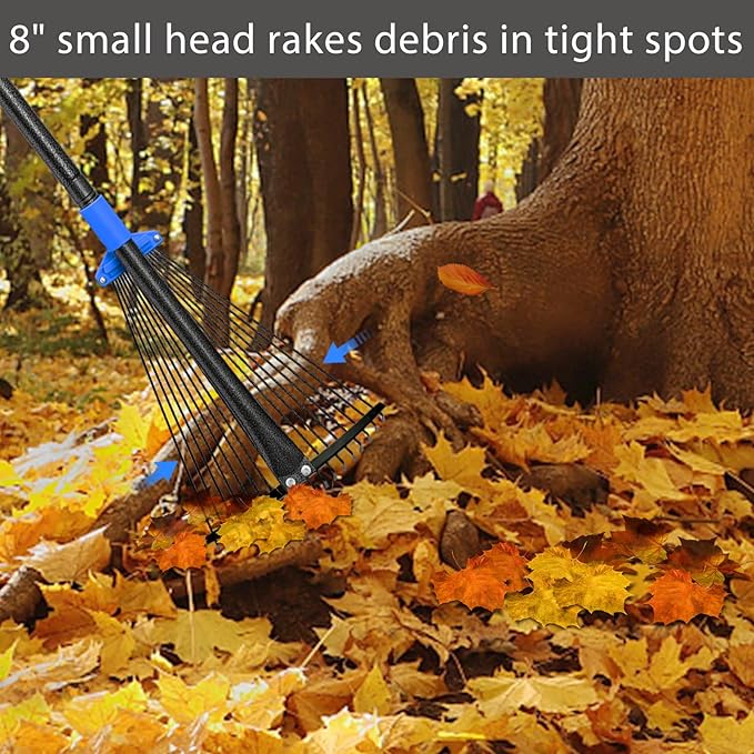 Rake for Leaves, 5ft Adjustable Metal Garden Leaf Rake with Expandable Head 7-16", Small Cllapsible Rakes for Lawns Gardening Camping Heavy Duty