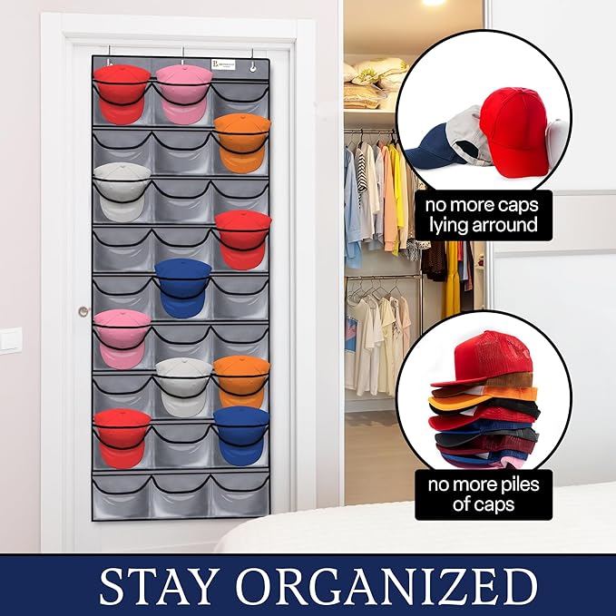 Brandland Hat Organizer for Baseball Caps – 27 Clear Pockets Over-the-Door Rack – Space-Saving Cap Holder Organizer for Hats, Visors, and Accessories – Gray
