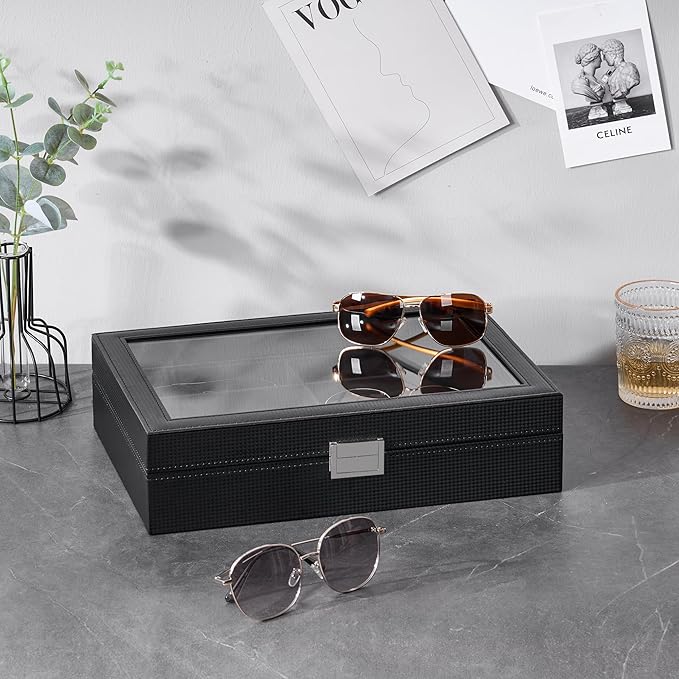 BEWISHOME Sunglasses Organizer, Glasses Organizer, 8-Slot Sunglasses Case for Men, Eyeglasses Storage Box with Clear Glass Top, Smooth PU Leather Interior, Black SSH38C