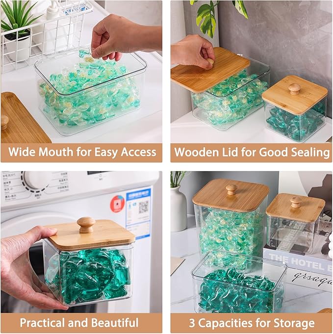 4 Pack Laundry Pods Container,Clear Dryer Sheet Holder & Laundry Room Organization and Storage with Lids, Scoops & Labels for Laundry Detergent, Powder, Dryer Balls, Beads (Clear)